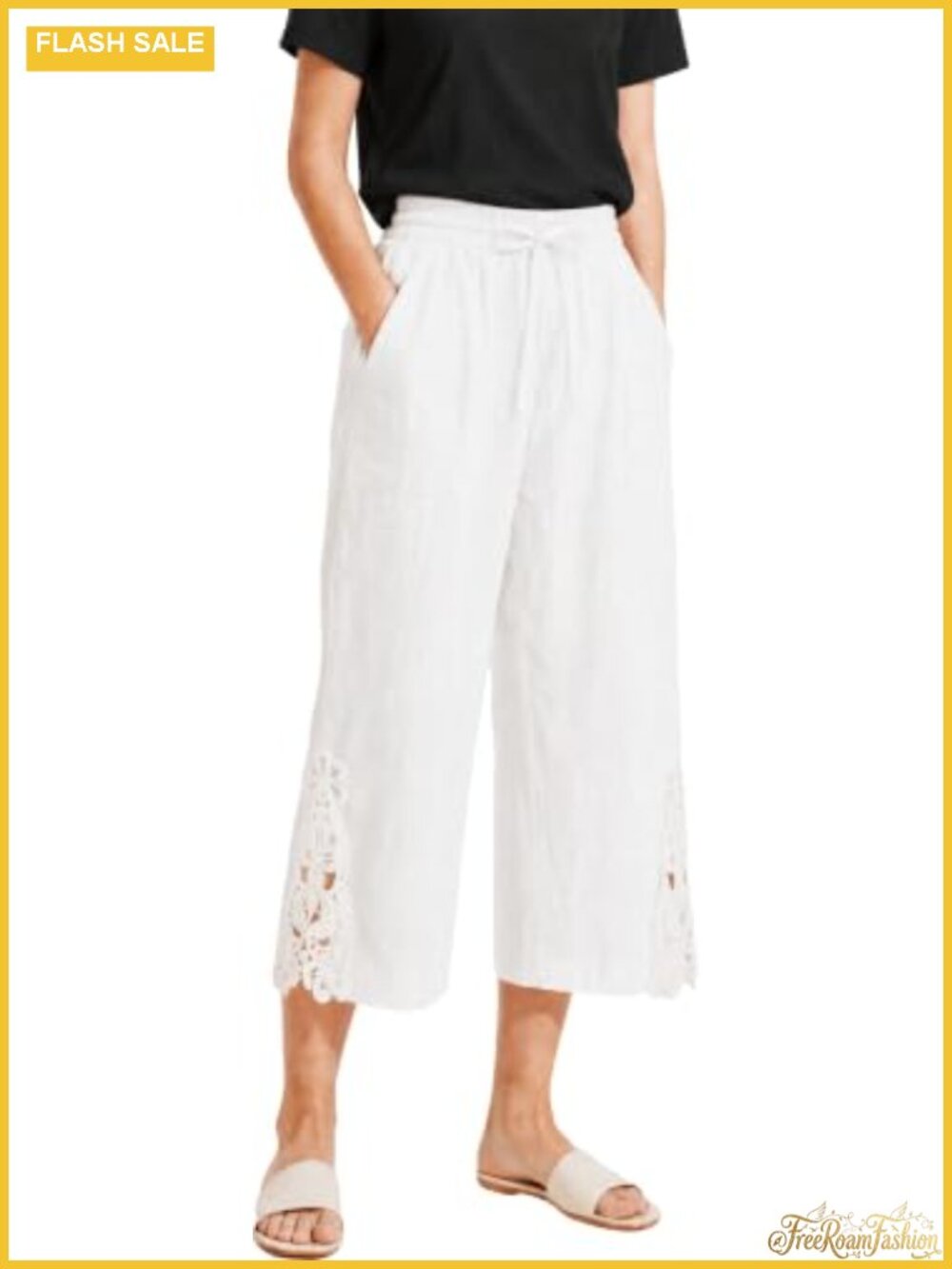 Linen High Waist Wide Leg Capri Pants for Women